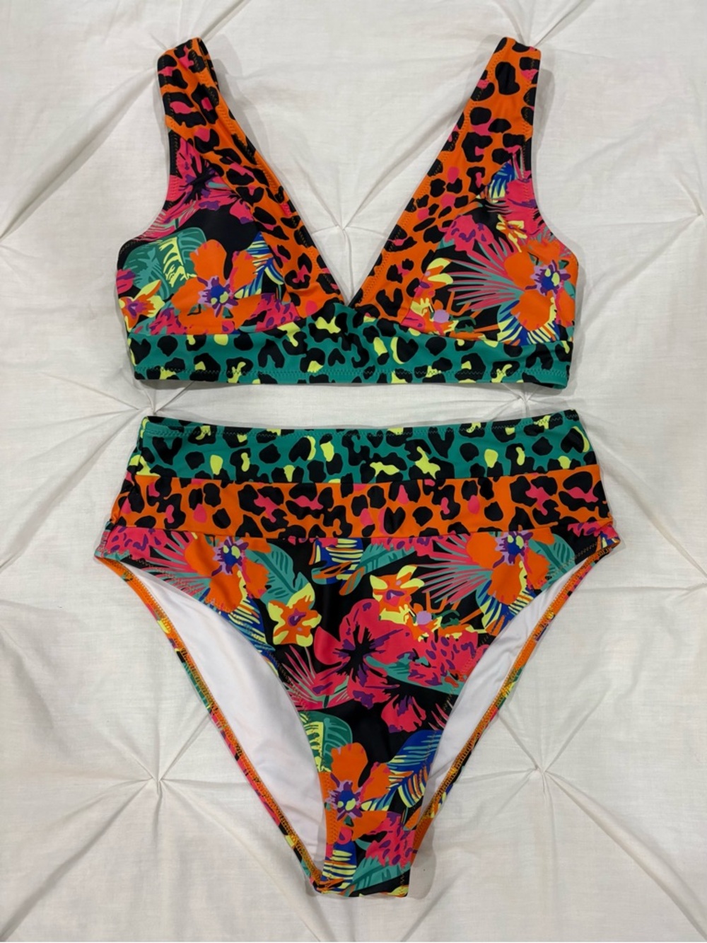 High-Waist Bikini Set - Tropical Floral & Leopard Print (Multicolor)